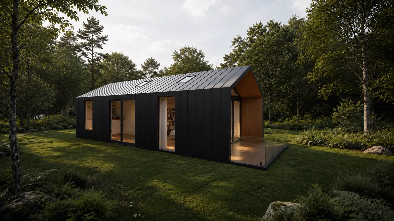 Don Modular Home at dusk — anthracite steel cladding with glazed gable end