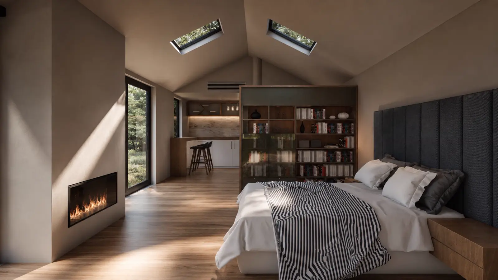Inside a Don Modular Home — bedroom with fireplace, skylights and kitchen beyond