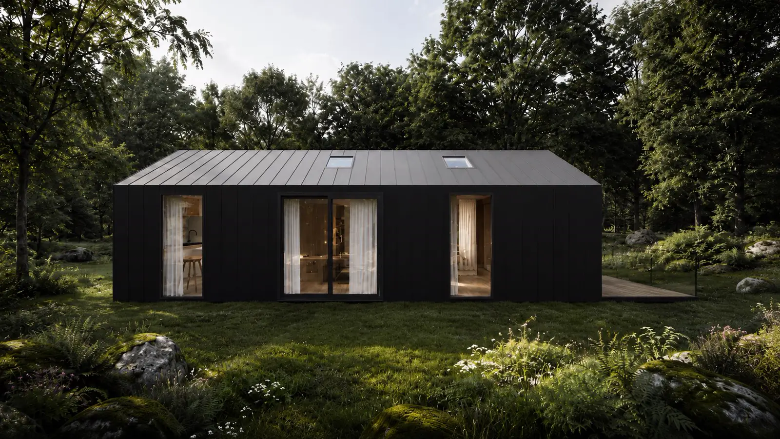 Don Modular Home side elevation — full-height windows and standing-seam roof
