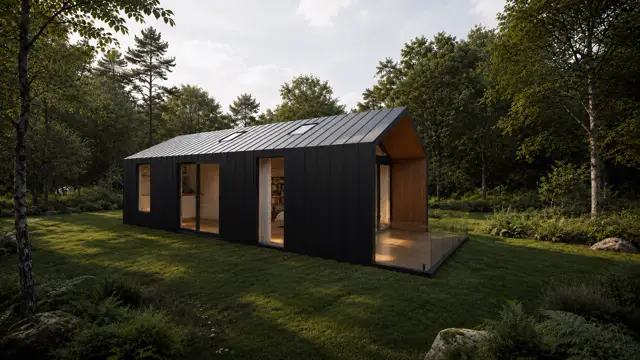 Don Modular Home at dusk — anthracite steel cladding with glazed gable end