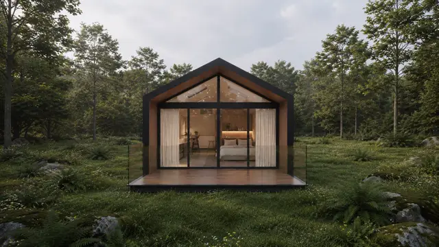 Don Modular Home front elevation — glazed gable with timber reveal and deck