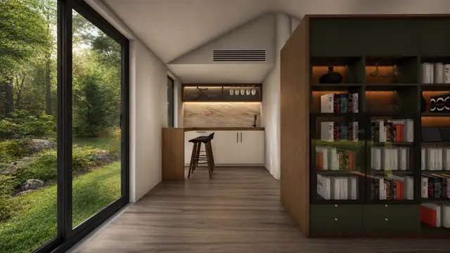 Inside a Don Modular Home — living space with full-height sliding doors to the garden