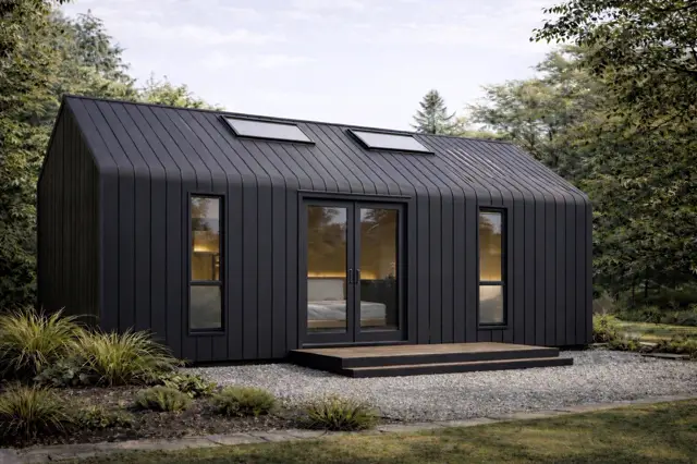 Modular home exterior with glazed gable