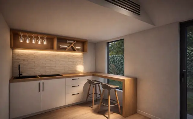 Interior lit by skylights