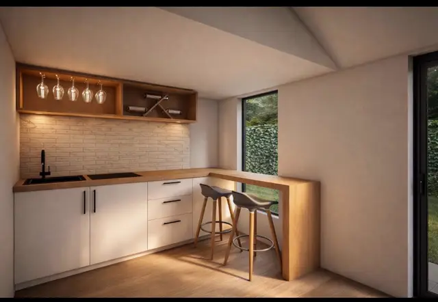 Fitted kitchen with breakfast bar