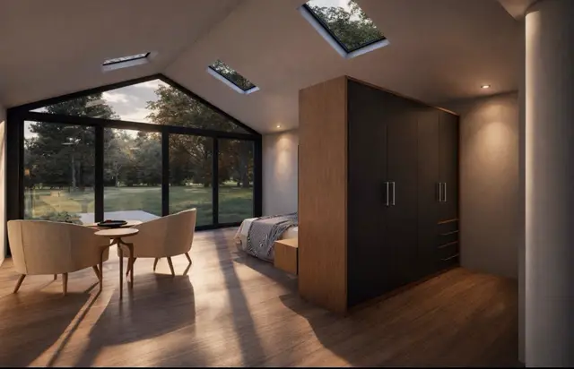 Living space with wardrobe and skylights