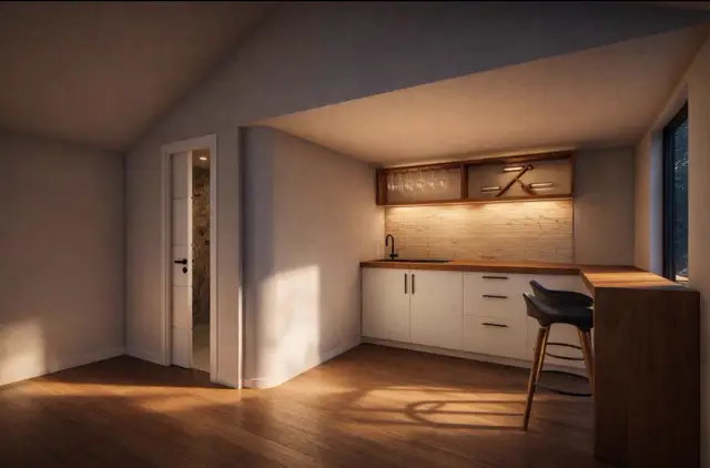 Kitchen with backsplash and wine rack