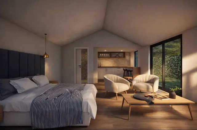 Open plan bedroom and living area